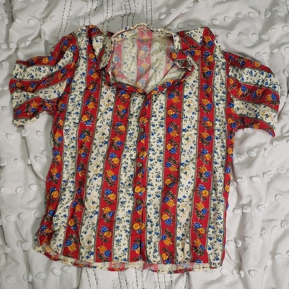 Tops - Vintage 80s/90 red short sleeve button down w/blue/yellow florals medium